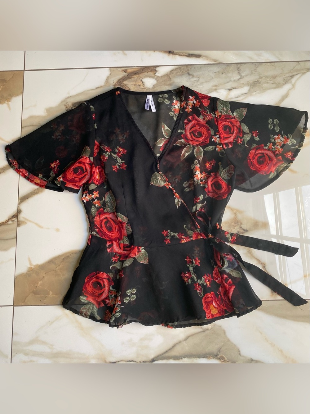 Live 4 Truth Black Floral Wrap Peplum Top with Red Roses - Size S